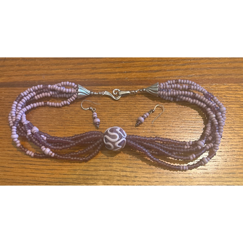 Women's artisan Purple Glass Rocaille Bead Necklace & Earring Set, One Size